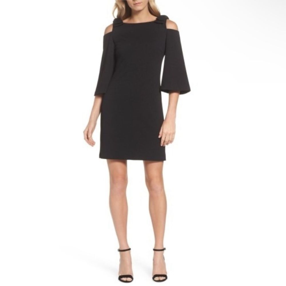 TRINA TURK | Aria Black Bow Cold Shoulder Crepe Sheath Dress Women’s Size Medium
